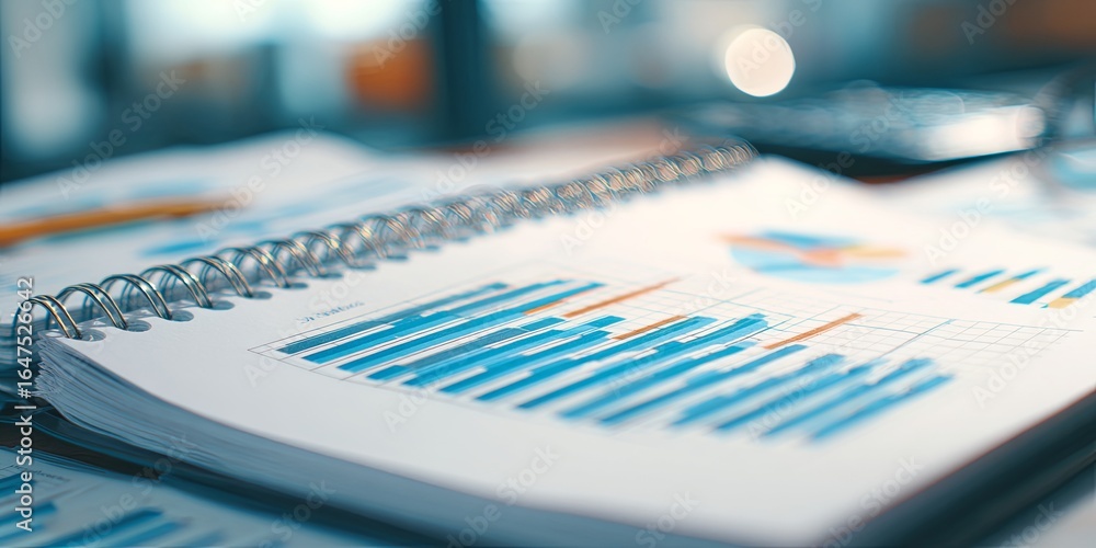 Poster an open report with graphs and charts on a table in a bright office environment