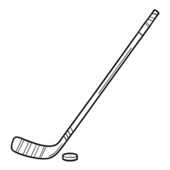 Simple black and white line drawing of a hockey stick and puck