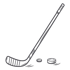 A stylized black and white illustration of a hockey stick and two pucks on ice
