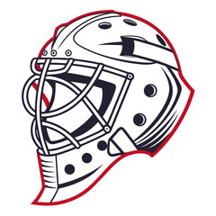Stylized hockey goalie mask with red trim and dark accents on white background