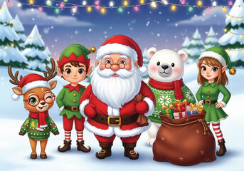 A cheerful illustration of Santa Claus, elves, a reindeer, and a polar bear, all dressed in festive Christmas attire.