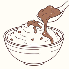 A spoonful of chocolate sauce poured over a whipped cream dessert with chocolate chunks