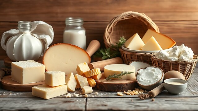 A rustic wooden table displaying a variety of fresh dairy products in soft natural light.