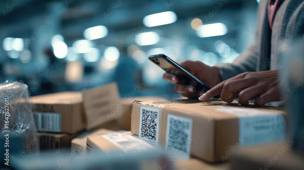 Poster warehouse worker uses smartphone to scan qr code on package, ensuring efficient inventory management