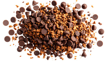 Obraz premium Chocolate chips morsels or drops falling flying isolated on a white background