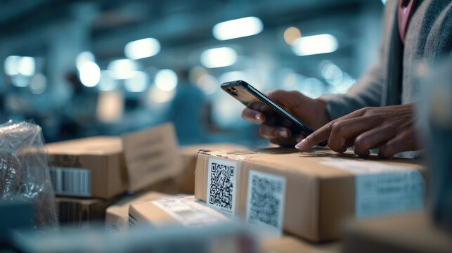 Warehouse worker uses smartphone to scan qr code on package, ensuring efficient inventory management and logistics in modern distribution center