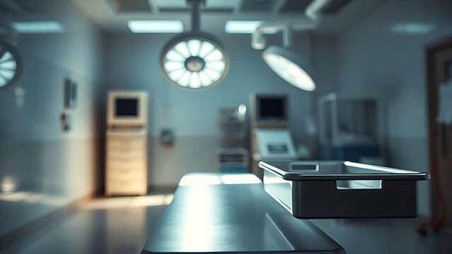 Sterile medical environment with empty surgical tray and dramatic lighting, conveying modern healthcare.