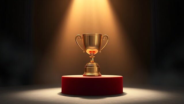 Golden trophy on velvet podium under warm spotlight, symbolizing achievement and elegance.
