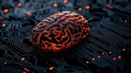 A digital brain glows on a circuit board, symbolizing the fusion of technology and human intelligence in a futuristic setting.