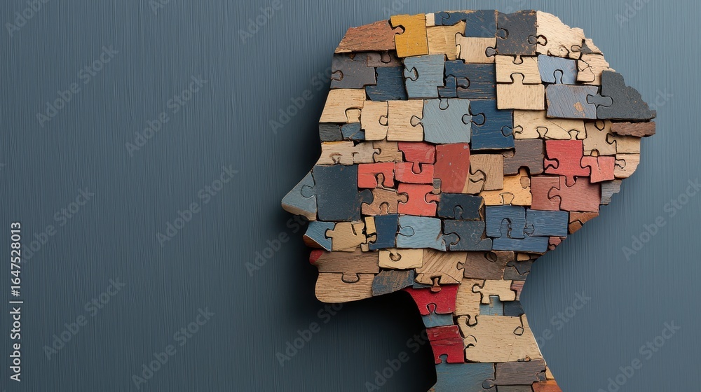 Poster a silhouette of a head filled with colorful puzzle pieces, symbolizing complexity and individuality 