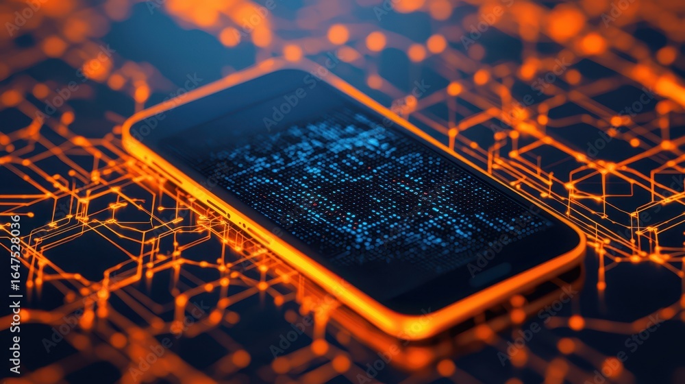 Poster a modern smartphone on a digital circuit background, featuring glowing orange lines and blue data pa