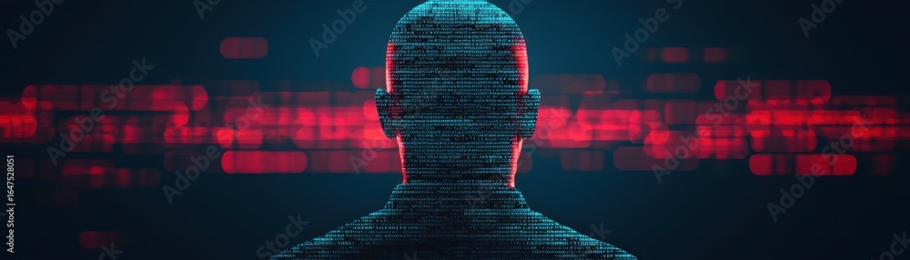 Poster a digital silhouette of a person surrounded by flowing binary code, symbolizing technology and data 