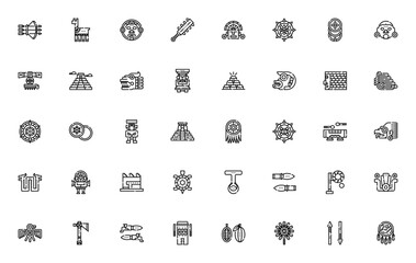 Aztec icon set. Ancient civilization vector collection. Includes symbols for Bow, Alpaca, Tonatiuh, Macuahuitl, Mask, Gold, Pyramid, Quetzalcoatl, Totem, Calendar, Temple and more. Editable stroke.