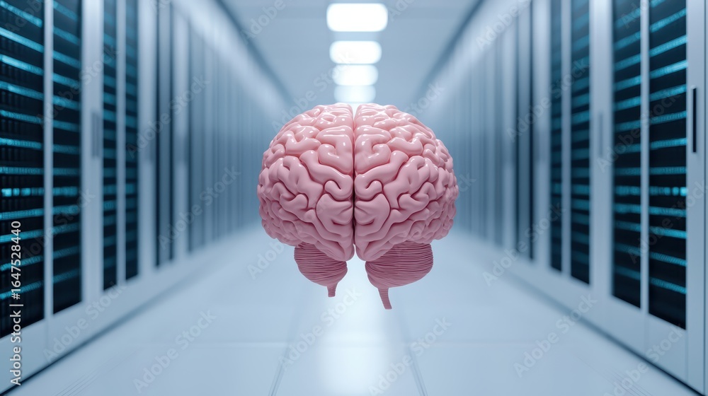 Poster a surreal image of a floating pink brain in a high-tech server room, merging concepts of intelligenc