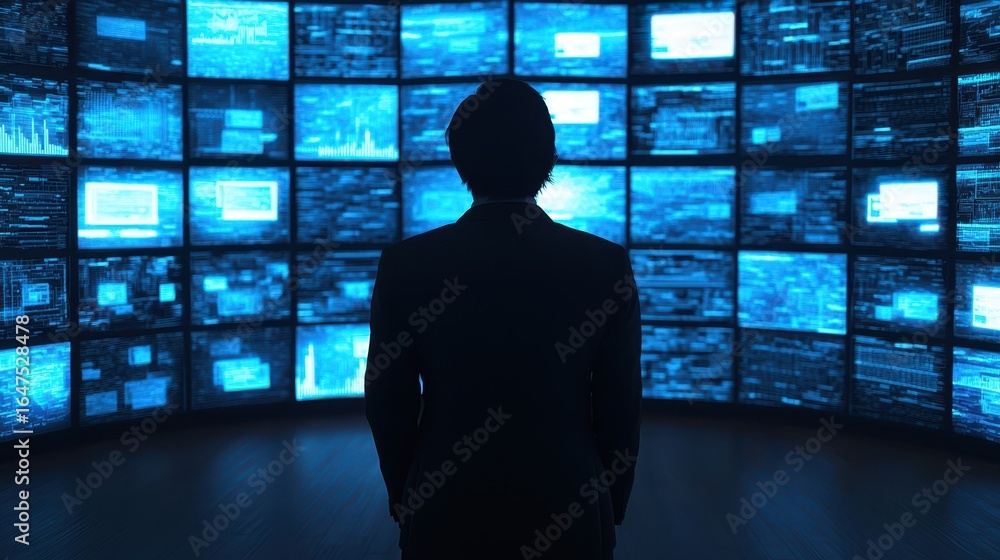 Poster a person stands in front of multiple screens displaying data, creating a high-tech atmosphere focuse