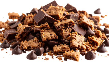 A close up of chocolate pieces scattered in the air. The scen is chaotic and messy, with the chocolate pieces flying in all directions. The idea behind the image is to capture the essence of chocolate