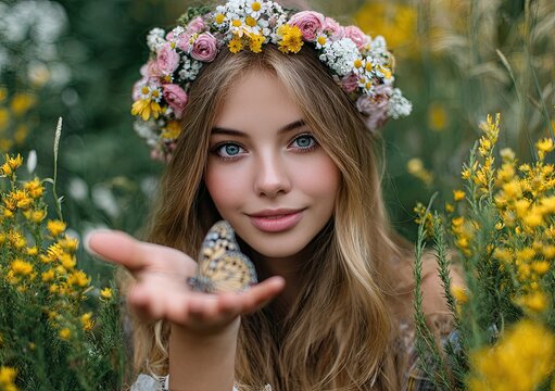 Fototapeta A cute little girl with long hair, wearing colorful flower wreaths on her head and playing in the garden full of yellow flowers and butterflies, reaching out to touch one butterfly.