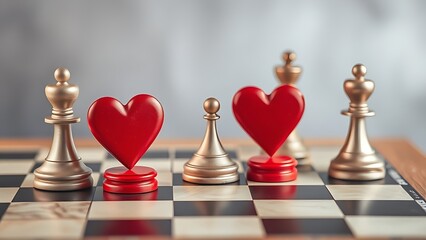 Symbolic chessboard with heart-shaped pieces at varied positions, depicting romantic timing dynamics.