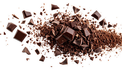 A pile of chocolate pieces scattered on a white background