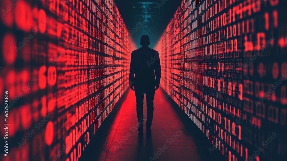 Poster a silhouetted figure walks through a corridor of glowing red binary code, creating a dramatic and fu