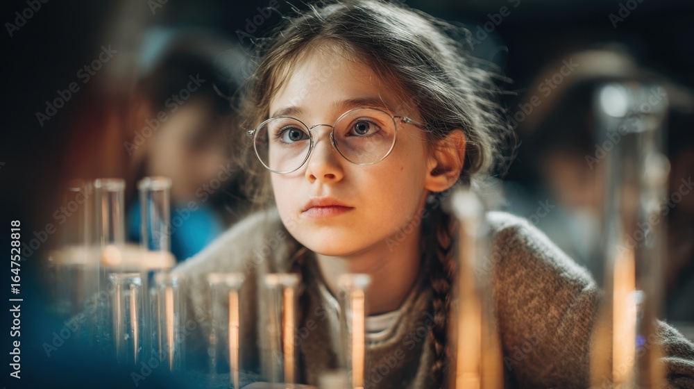Poster young student in medium frame concentrating on a science experiment with test tubes with dimmed lab 