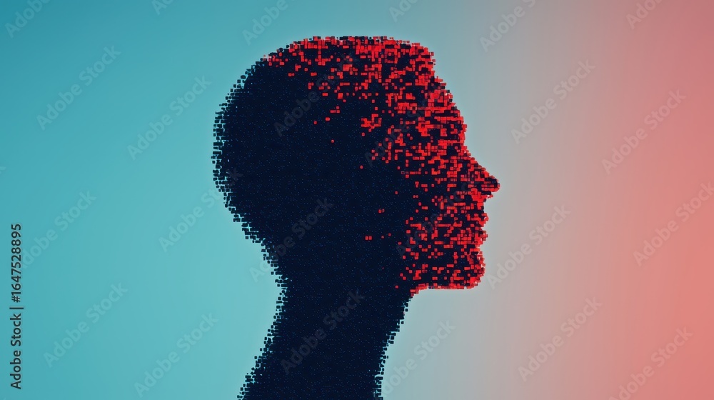 Poster abstract silhouette of a head composed of pixelated elements, set against a gradient background, sym