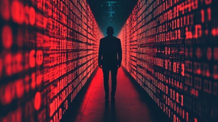 A silhouetted figure walks through a corridor of glowing red binary code, creating a dramatic and futuristic atmosphere.