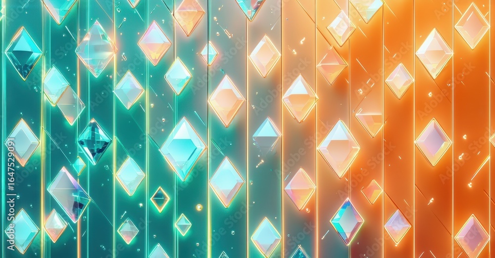 Poster abstract background features glowing diamonds, vertical lines. colors transition from teal to orange