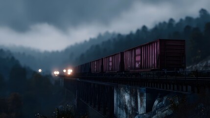 Fototapeta premium Freight train crossing a bridge in a dramatic mountain landscape at night