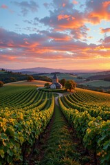 Scenic Vineyard Landscape Under Colorful Sunset Sky