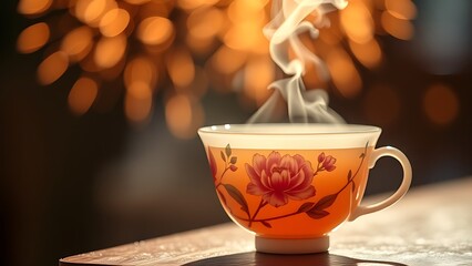 Porcelain teacup with peony motifs, steam rising as bokeh lights mimic festive fireworks.