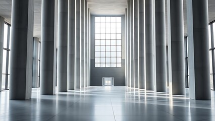 Vast architectural space with smooth concrete columns and diffused natural light, symmetrical and minimalist.
