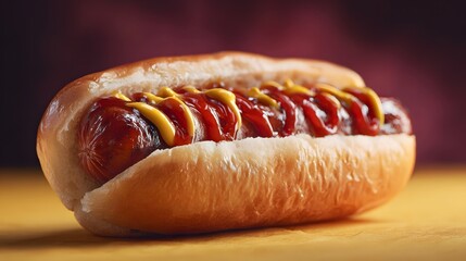 Appetizing hot dog with ketchup and mustard on a wooden surface
