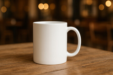 Fototapeta premium a white mug sitting on a wooden surface, likely a table, in what appears to be a restaurant setting with ambient lighting casting shadows and creating a cozy atmosphere.