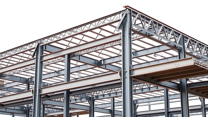 Fototapeta premium Industrial steel frame structure in progress, showcasing clean architectural lines and soft natural lighting.