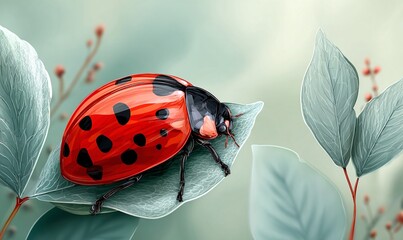 Fototapeta na wymiar AKWARELA: BIEDRONKA NA ZIELONYM LIŚCIU