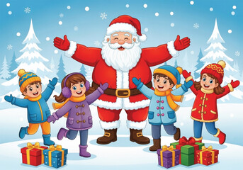 A cheerful cartoon illustration depicts Santa Claus surrounded by four happy children, all dressed warmly for a snowy winter day.