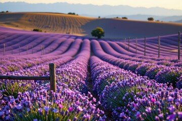 Fototapeta premium Serene Lavender Fields Under a Clear Blue Sky at Sunset