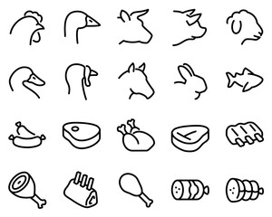 Simple set of meat vector icons. Contains icons such as pork, beef, goose, rabbit, duck, horse, turkey, fish and more.	