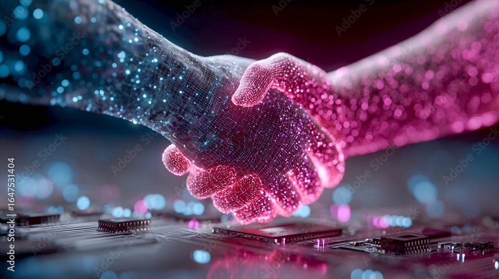 Aufkleber two hands shaking each other. one hand is made of blue glowing dots, and the other is made of pink d