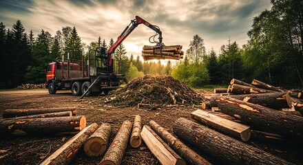 Logging Truck Harvesting Timber in Forest
