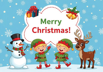 Festive Christmas Illustration with Snowman, Elves, and Reindeer