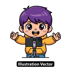 Cheerful young content creator character live streaming with a smartphone on a tripod