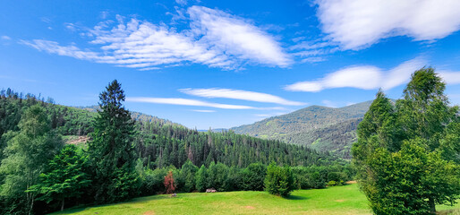 A stunning mountain landscape with lush greenery under a vibrant blue sky with wispy clouds, ideal...