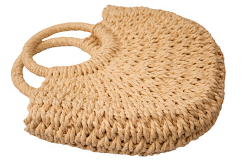 A beige straw bag isolated on a white background.