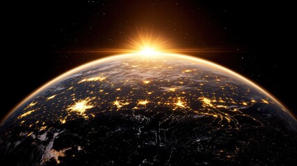 Obraz premium Stunning Sunrise Over Earth with Glowing City Lights and Starry Background in Space