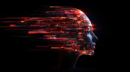 Futuristic abstraction of a human silhouette with vibrant light trails representing technology and digital data flow