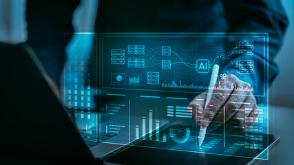 A businessman interacts with a digital tablet displaying a virtual AI data analytics interface, illustrating the use of artificial intelligence for business data analysis and strategic decision-making