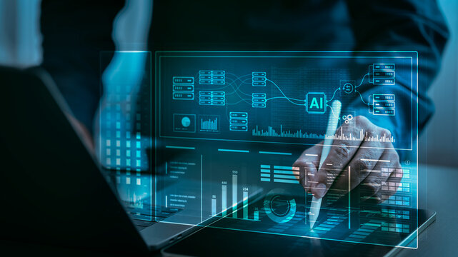 A businessman interacts with a digital tablet displaying a virtual AI data analytics interface, illustrating the use of artificial intelligence for business data analysis and strategic decision-making - Powered by Adobe