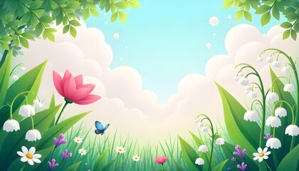 A spring-themed background with delicate pink and white flowers, soft sunlight, and a graceful butterfly
